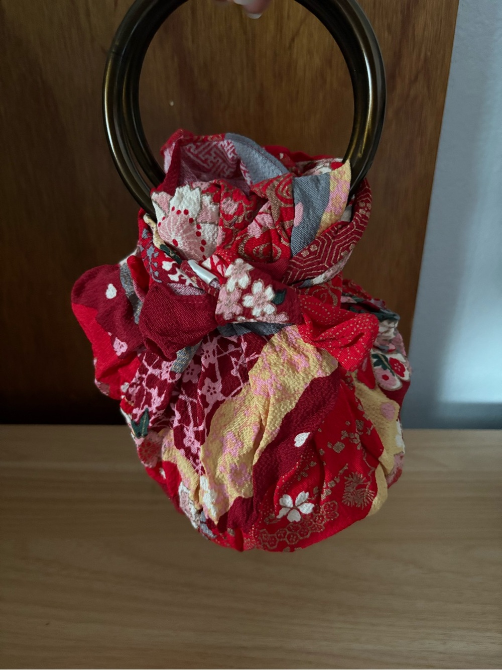 Red Small FUROSHIKI Bag with Brown Plastic Rings from Japan